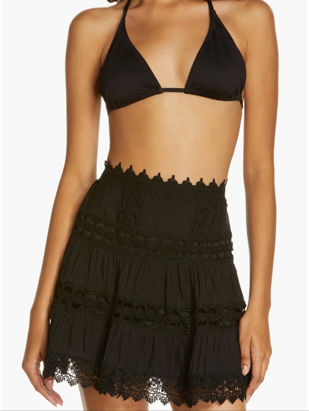 Black Lace Tiered Mini Skirt Boho Resortwear Summer Cottagecore Whimsigoth
